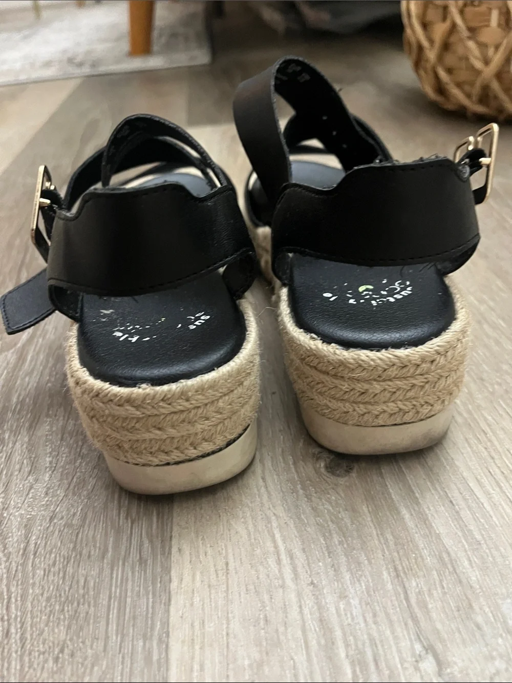 Black Strappy Espadrille Wedge Sandals with Gold Buckles